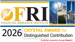 Promotional banner for the Financial Research Institute (FRI) 2026 Crystal Award for Distinguished Contribution, featuring industrial energy imagery and a nomination deadline of March 5.