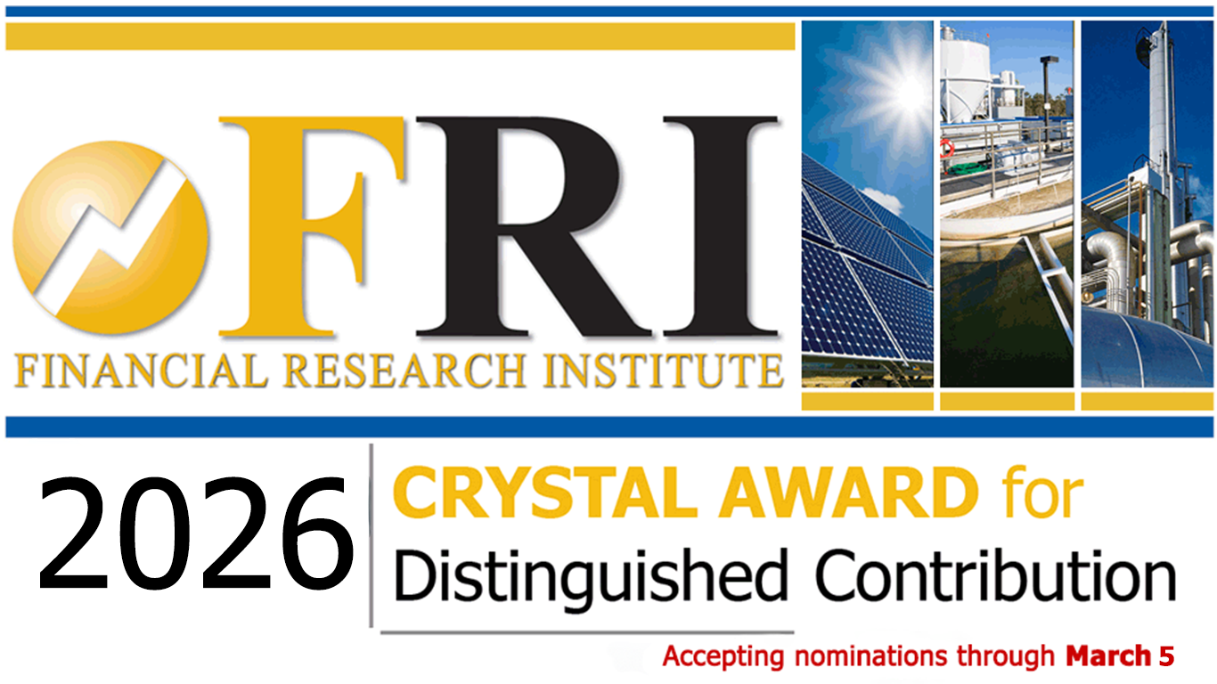 Promotional banner for the Financial Research Institute (FRI) 2026 Crystal Award for Distinguished Contribution, featuring industrial energy imagery and a nomination deadline of March 5.